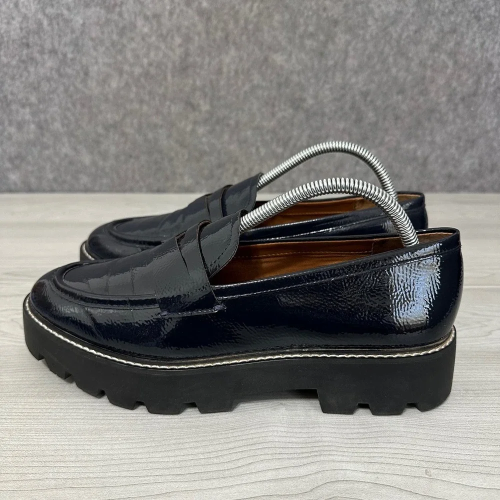 Franco Sarto Balin Lug Sole Loafers Womens 10 Navy Patent Chunky Platform‎